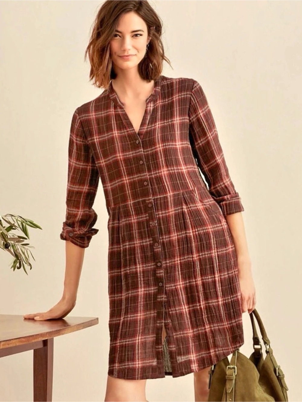 Garnet Hill cotton gauze for plaid Button-Front Dress shirt dress